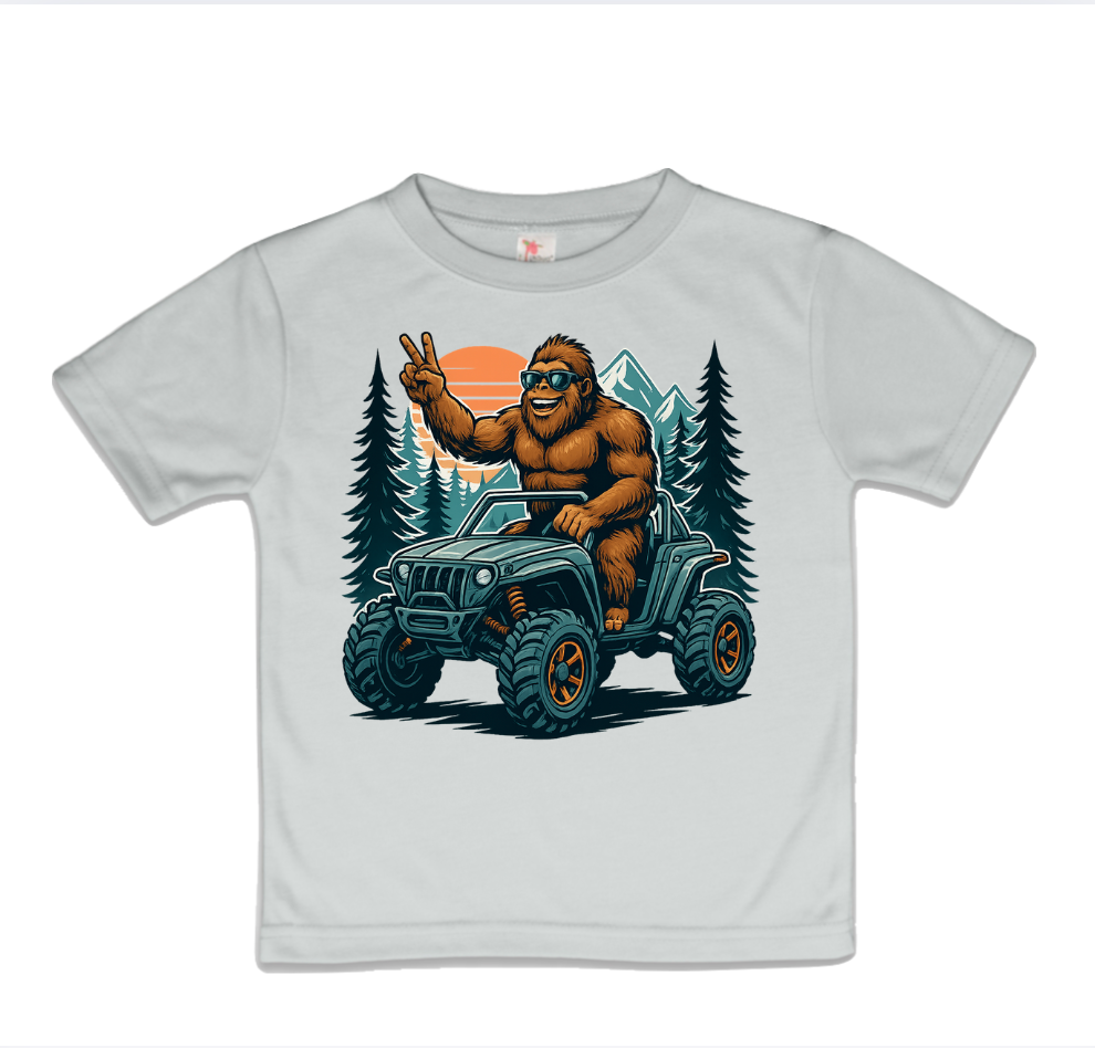Bigfoot on Side by Side UTV, Kid Yeti in Mountains Tee Shirt: Silver / 2T / Short Sleeves